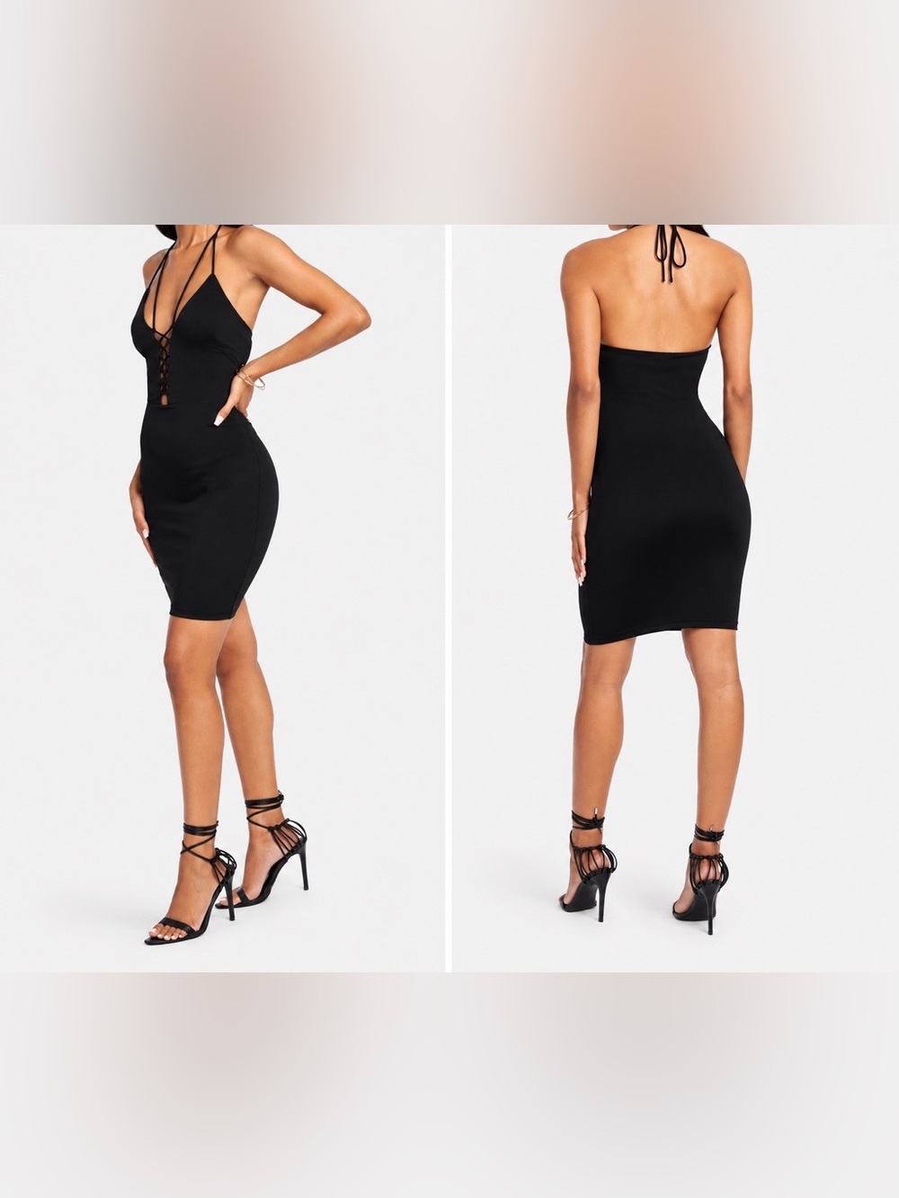 bebe Black Lace-Up Halter Midi Dress